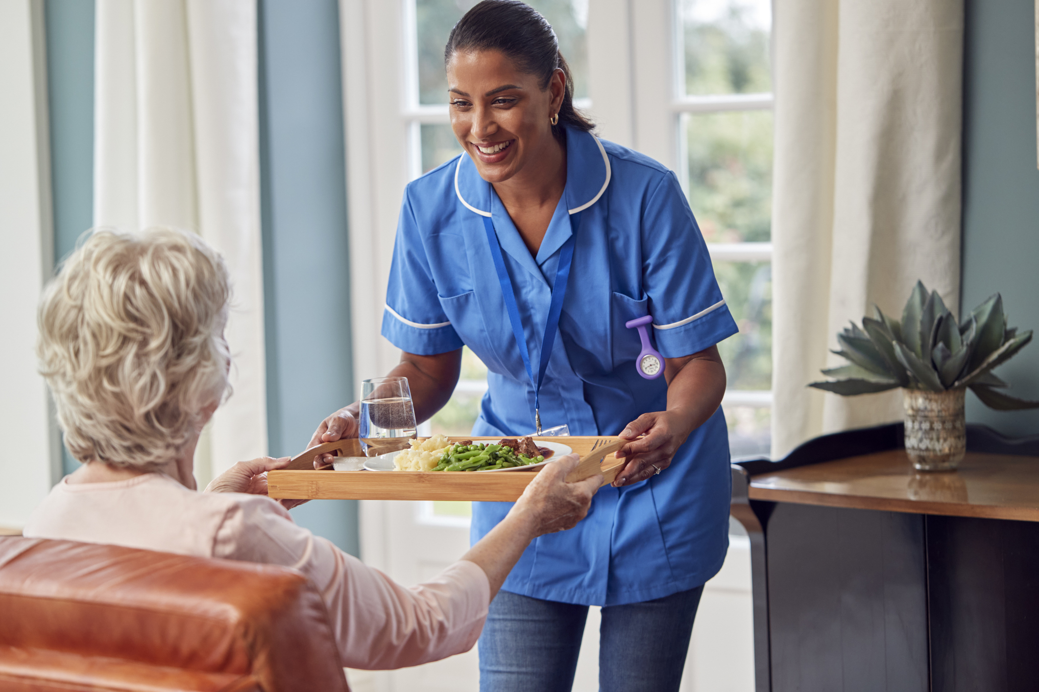 Nurse serving healthy meal to elderly woman with a smile.